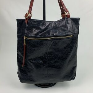 HOBO Black Leather Tote Bag Gold zipper and hardware Floral lined pockets EUC
